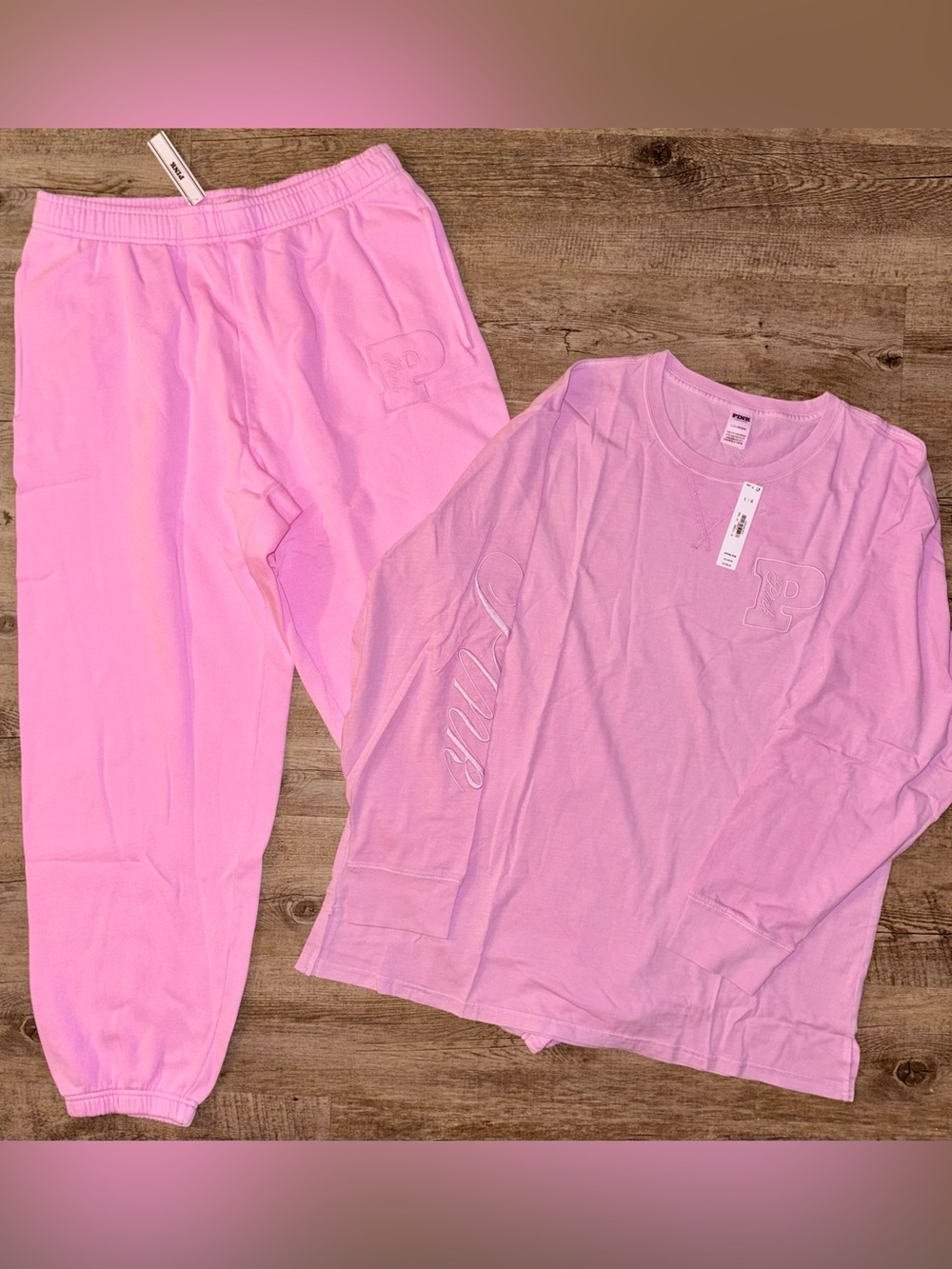 PINK Victoria's Secret Light Pink Embroidered Sweatshirt & Joggers Set L new